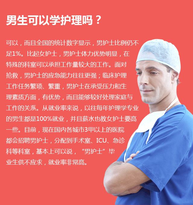 男生可以學(xué)護(hù)理嗎?可以，而且全國的統(tǒng)計數(shù)字顯示，男護(hù)士比例仍不足1%。比起女護(hù)士，男護(hù)士體力優(yōu)勢明顯，在特殊的科室可以承擔(dān)工作量較大的工作。面對搶救，男護(hù)士的應(yīng)急能力往往更強(qiáng);臨床護(hù)理工作任務(wù)繁瑣、繁重，男護(hù)士在承受壓力和生理素質(zhì)方面，有優(yōu)勢，而且能夠較好處理家庭與工作的關(guān)系。從就業(yè)率來說，以往每年護(hù)理學(xué)專業(yè)的男生都是100%就業(yè)，并且薪水也教女護(hù)士要高—些。目前，現(xiàn)在國內(nèi)各城市3甲以上的醫(yī)院都會招聘男護(hù)士，分配到手術(shù)室、ICU、急診科等科室，基本上可以說，“男護(hù)士”畢業(yè)生供不應(yīng)求，就業(yè)率非常高。
