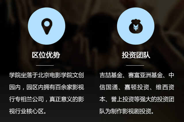 區(qū)位優(yōu)勢:學(xué)院坐落于北京電影學(xué)院文創(chuàng)園內(nèi)，園區(qū)內(nèi)擁有百余家影視行專相蘭公司，真正意義的影視行業(yè)核心區(qū)。投資團(tuán)隊(duì):吉喆基金、賽富亞洲基金、中信國通、嘉頓投資、維西資本、譽(yù)上投資等強(qiáng)大的投資團(tuán)隊(duì)為制作影視劇投資。